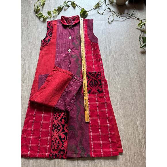 Handmade Woven Cotton Tunic Dress Red Purple Patchwork Sleeveless Folk Boho M - Picture 7 of 7
